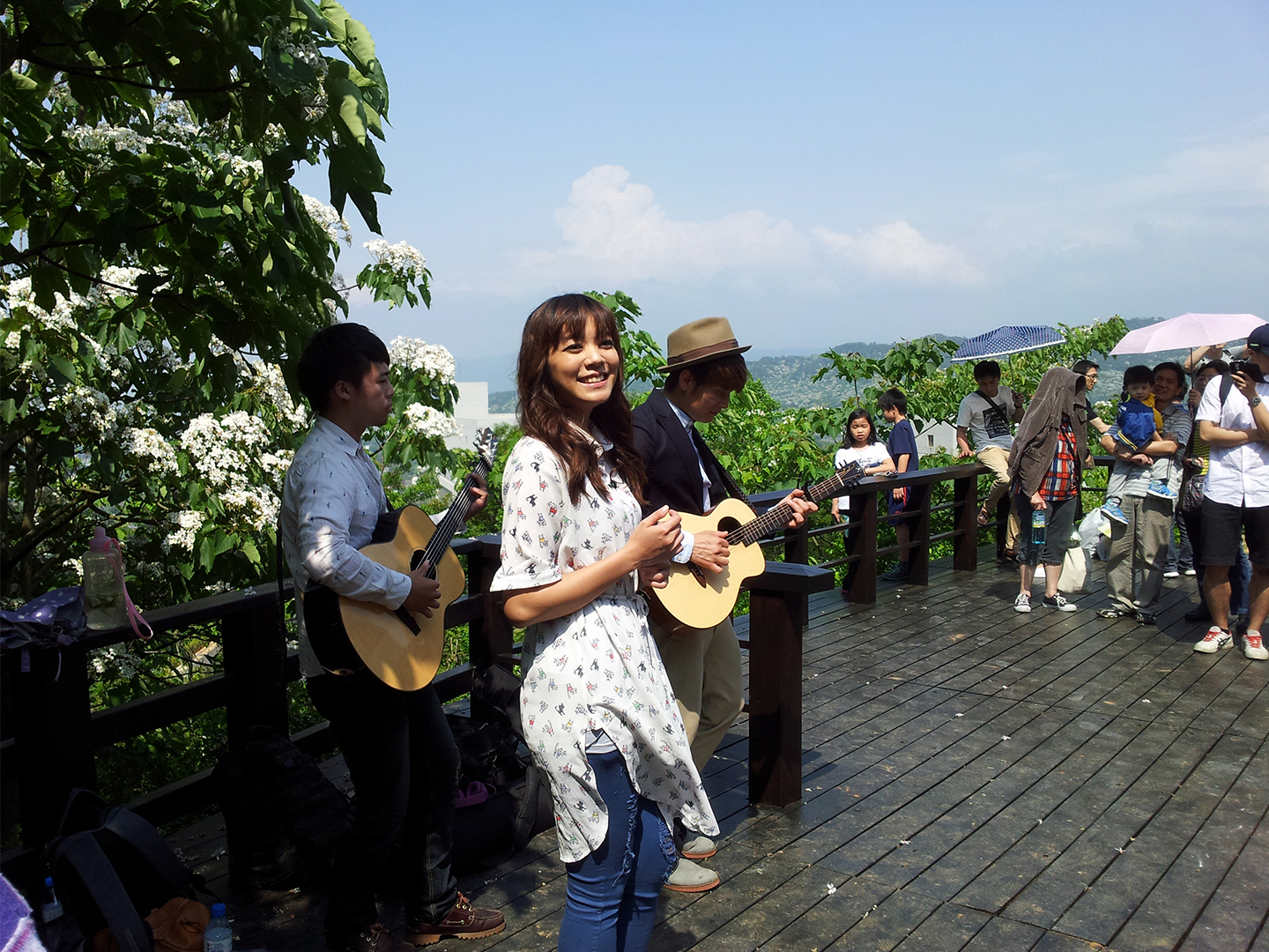 The people played uklele on the wooden pallet, followed by the paulownia