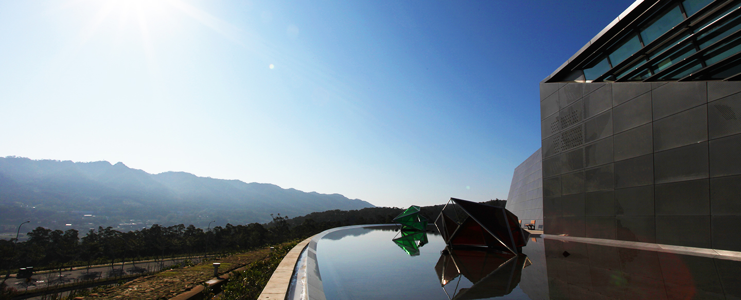 Half Moon Pond and two installation art