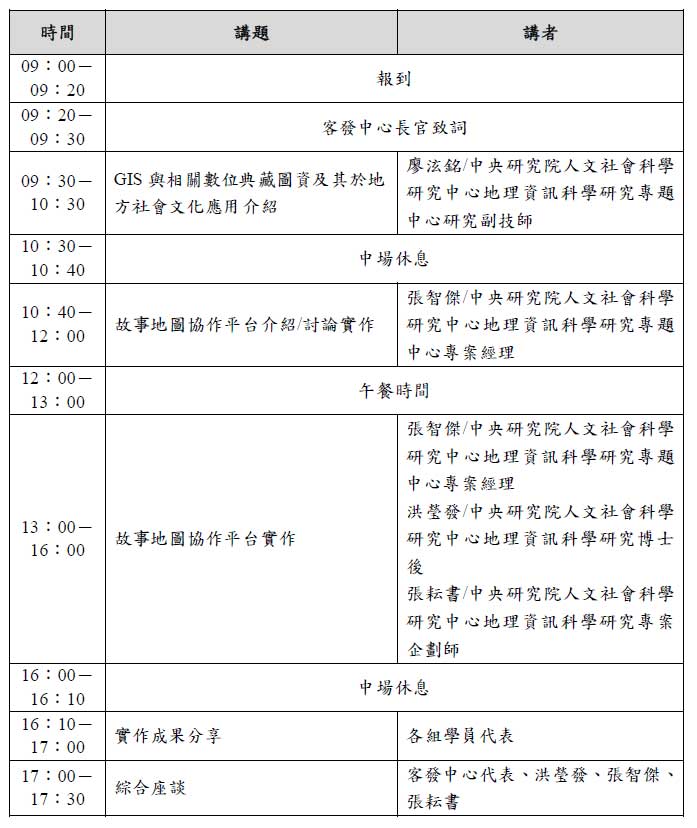 【2019六堆文化故事地圖工作坊】課程表